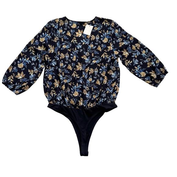Pleione Blouse Top Bodysuit Blue Floral V-Neck Semi Sheer Blouse Medium NEW - Picture 8 of 12